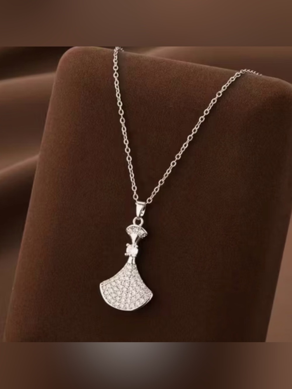 Brand New,  Stainless Steel Fan Paved Pendant Necklace 16”